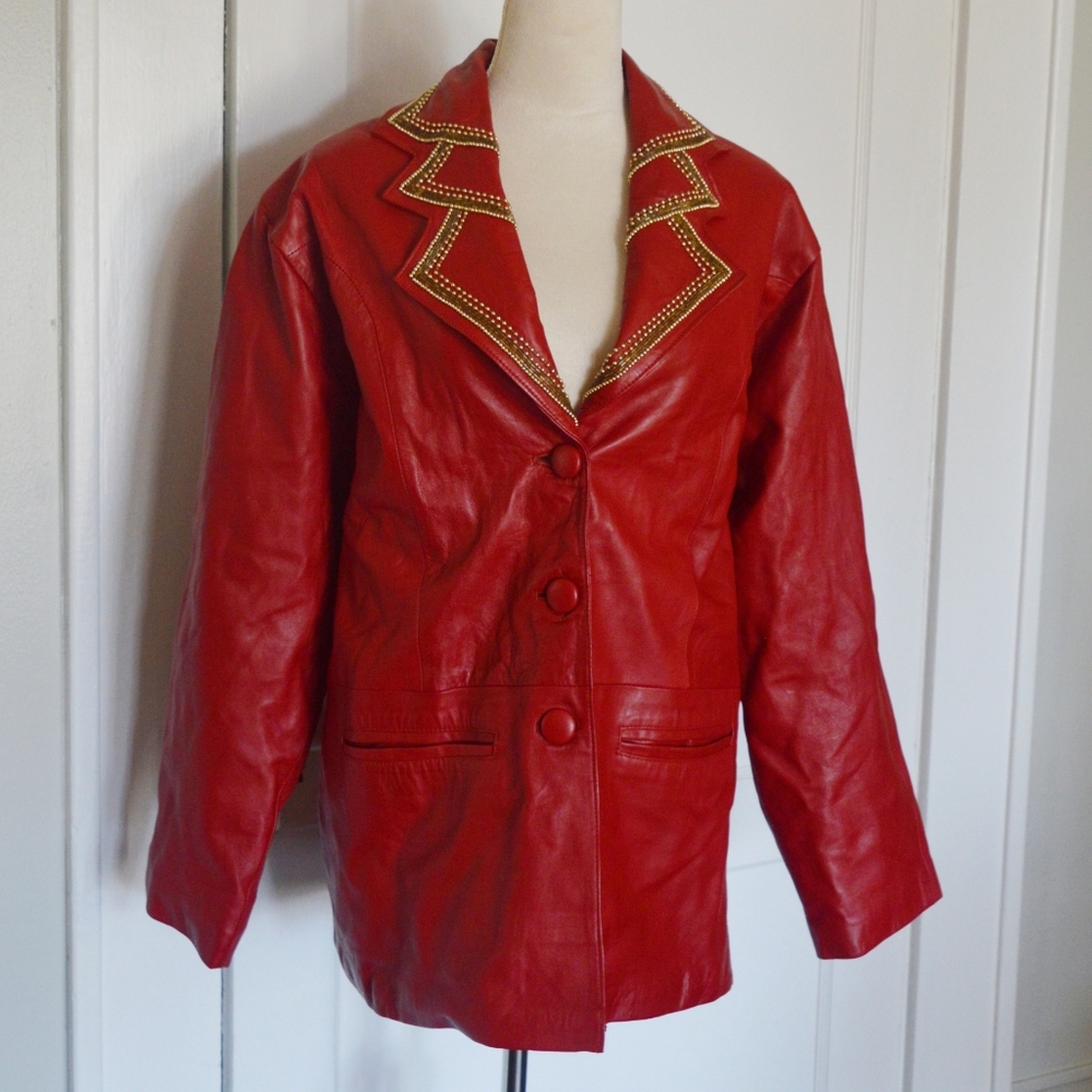Kochar Red Leather Jacket with Gold Trim Collar Size 18